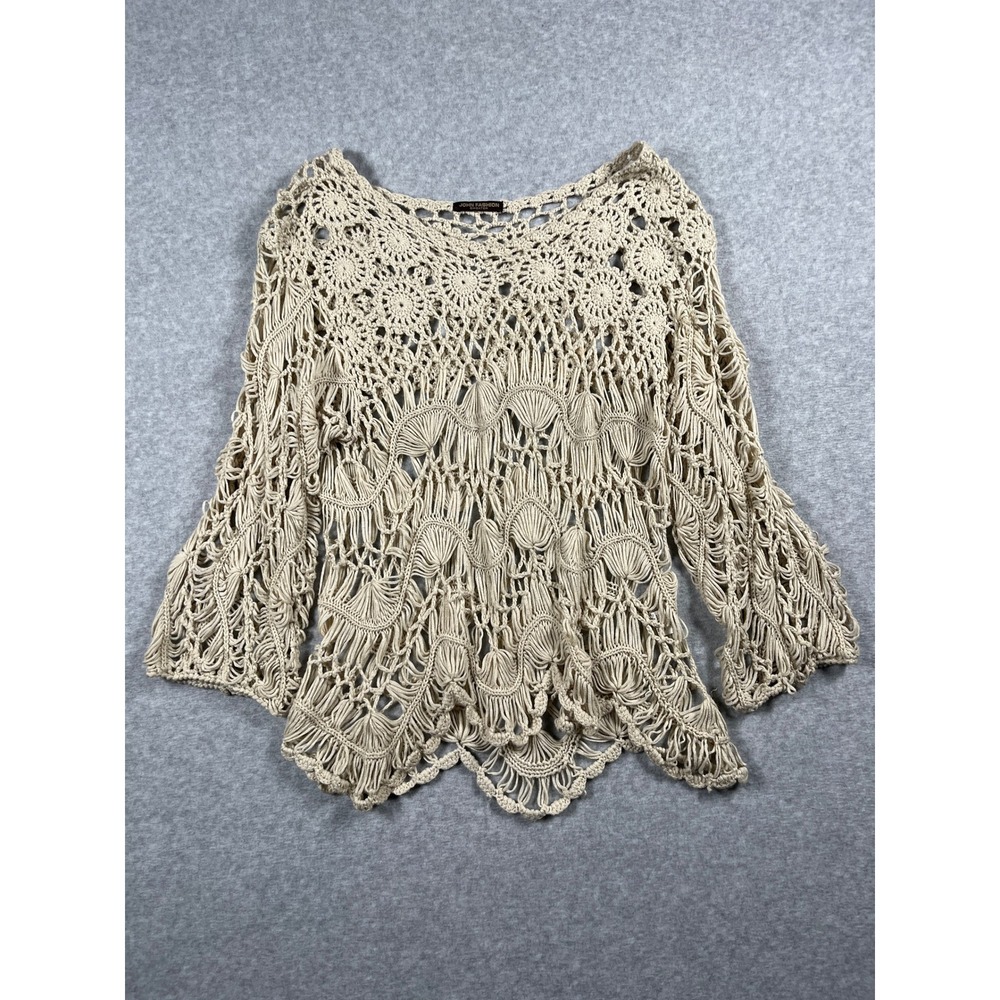 Crochet Sweater Women OS Beige Western Boho Chic Festival Rodeo Concert Layering